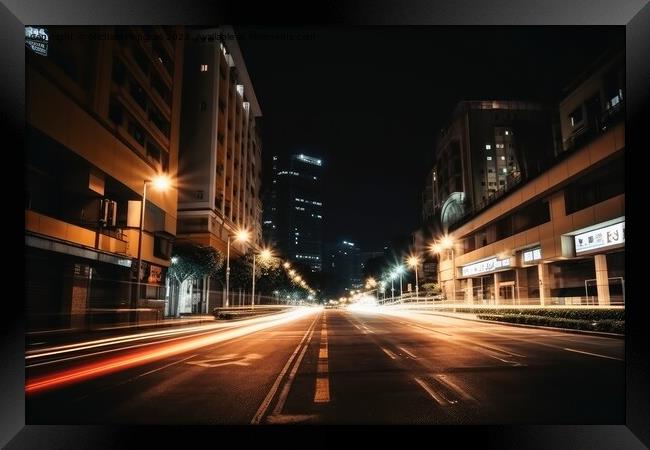 Low angle street view at night with long light trails long expos Framed Print by Michael Piepgras