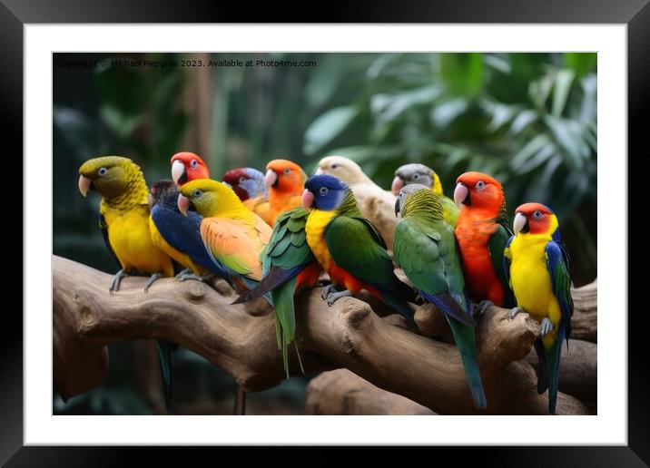 Many colourful different tropical birds sitting together on a br Framed Mounted Print by Michael Piepgras
