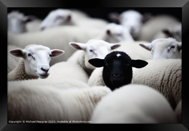 One black sheep in a herd of white sheep. Framed Print by Michael Piepgras