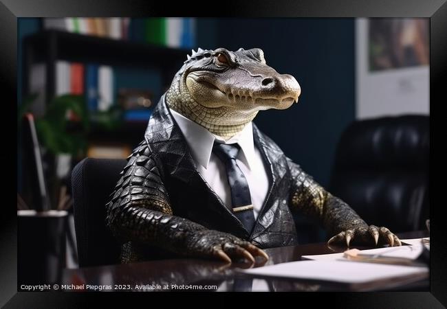 Portrait of a crocodile in a business suit office background cre Framed Print by Michael Piepgras
