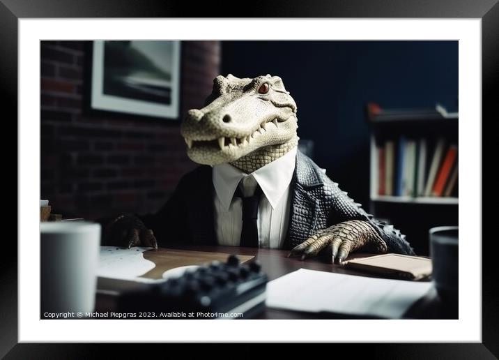 Portrait of a crocodile in a business suit office background cre Framed Mounted Print by Michael Piepgras