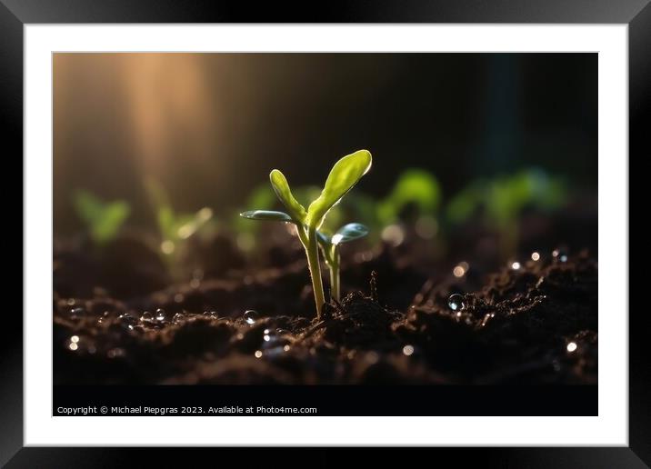 Seedling in dark soil with a drop of water in the sunlight creat Framed Mounted Print by Michael Piepgras
