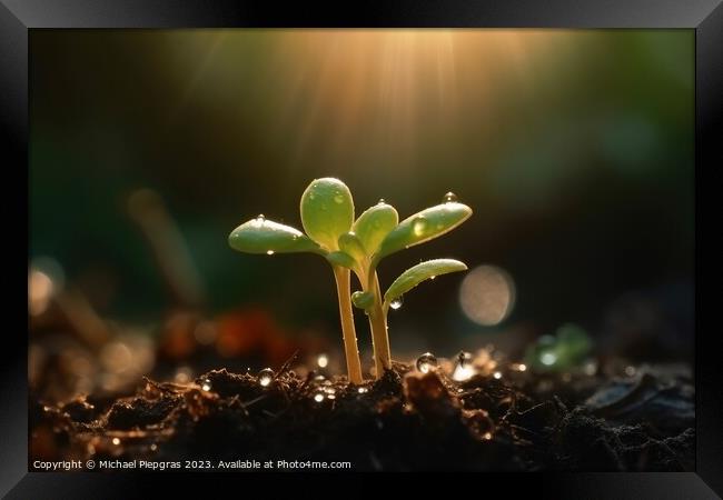 Seedling in dark soil with a drop of water in the sunlight creat Framed Print by Michael Piepgras
