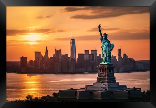 Skyline of Manhattan during sunset in New York with the big Stat Framed Print by Michael Piepgras