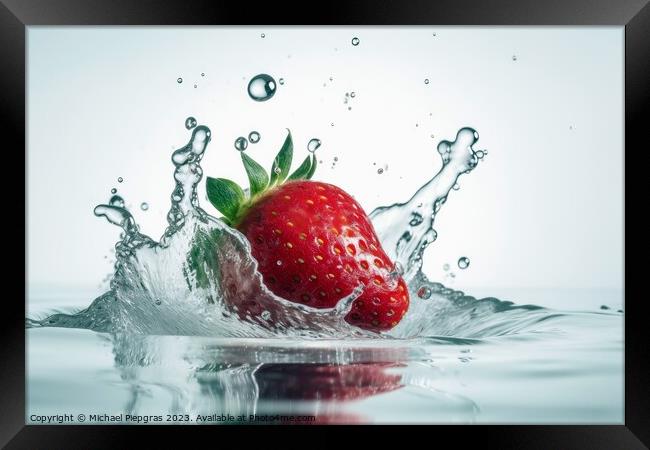 Strawberries falling into water with splashes on a white backgro Framed Print by Michael Piepgras