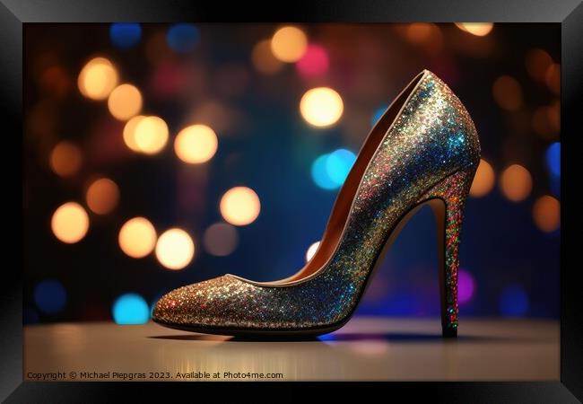 Stylish high heel shoes with glitter and bokeh lights created wi Framed Print by Michael Piepgras