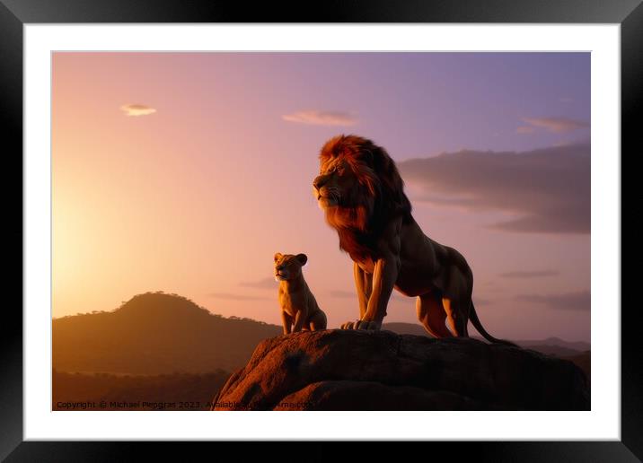 The Lion King sunset view created with generative AI technology. Framed Mounted Print by Michael Piepgras