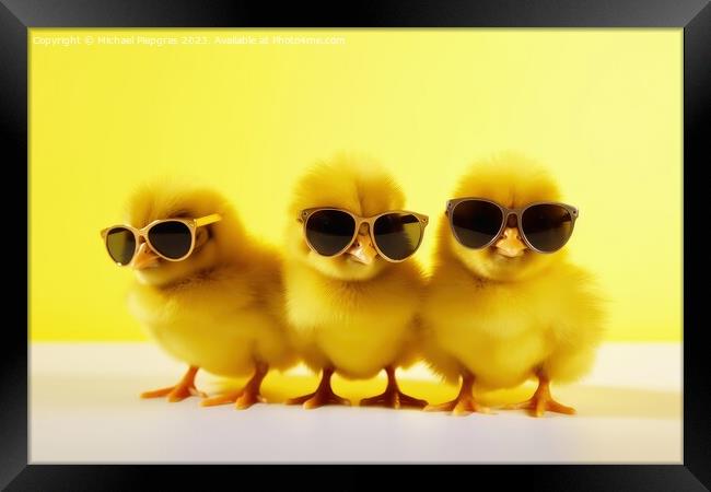 Three yellow chicks with sunglasses created with generative AI t Framed Print by Michael Piepgras