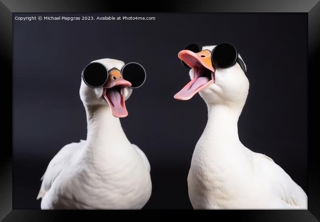 Two white goose singing a song created with generative AI techno Framed Print by Michael Piepgras