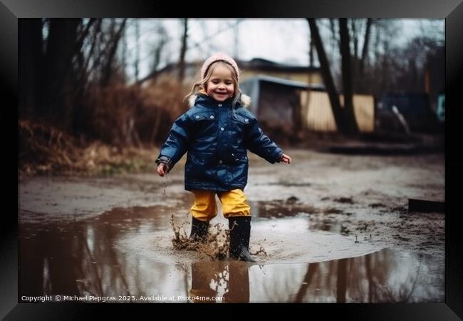 Happy little girl jumps in a puddle with rubber boots created wi Framed Print by Michael Piepgras