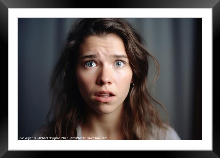 Portrait of a stunned woman in studio light created with generat Framed Mounted Print by Michael Piepgras