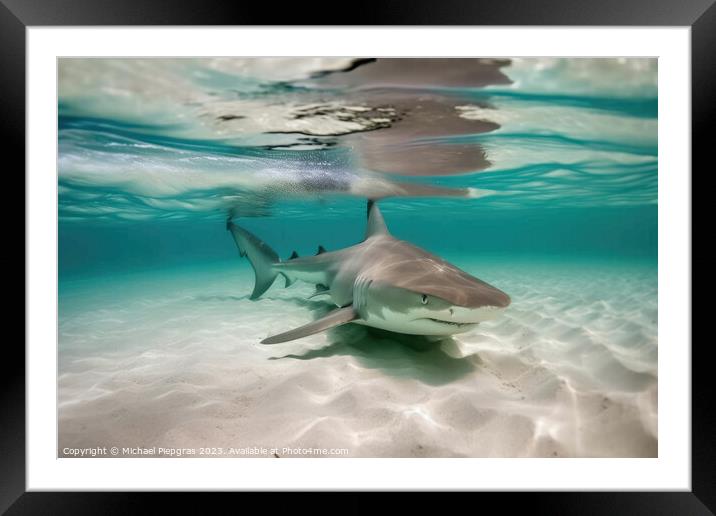 A big shark in the shallow water of the ocean created with gener Framed Mounted Print by Michael Piepgras