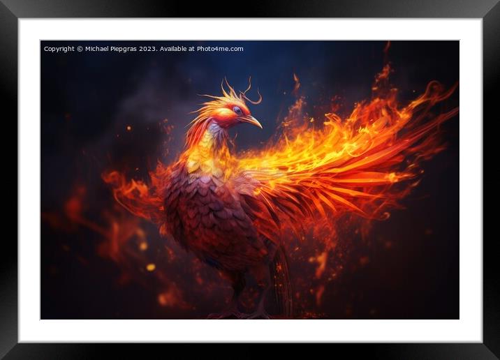 A burning Phoenix birds from the ashes created with generative A Framed Mounted Print by Michael Piepgras