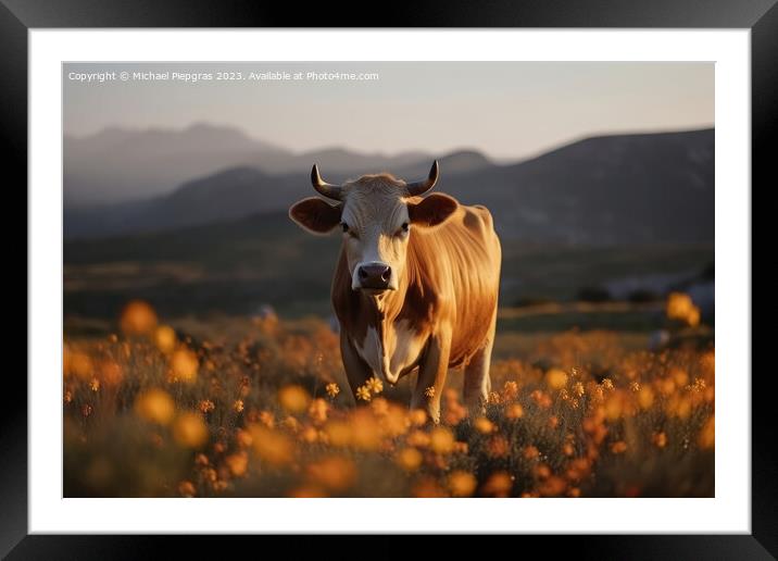 A cow on a field with some flowers created with generative AI te Framed Mounted Print by Michael Piepgras