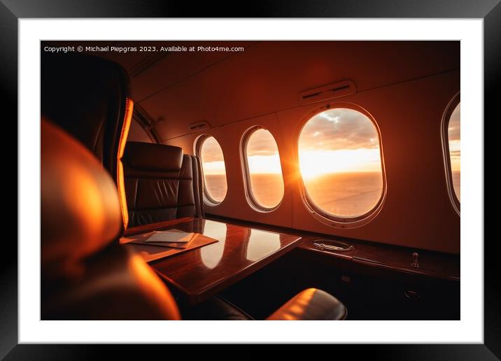 A first class area in a business jet with the sunset through a w Framed Mounted Print by Michael Piepgras