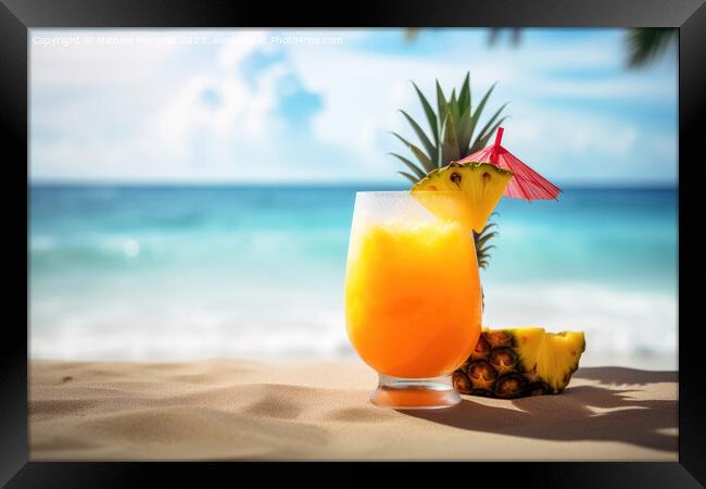 A fruity cocktail with a beautiful paradise beach soft backgroun Framed Print by Michael Piepgras