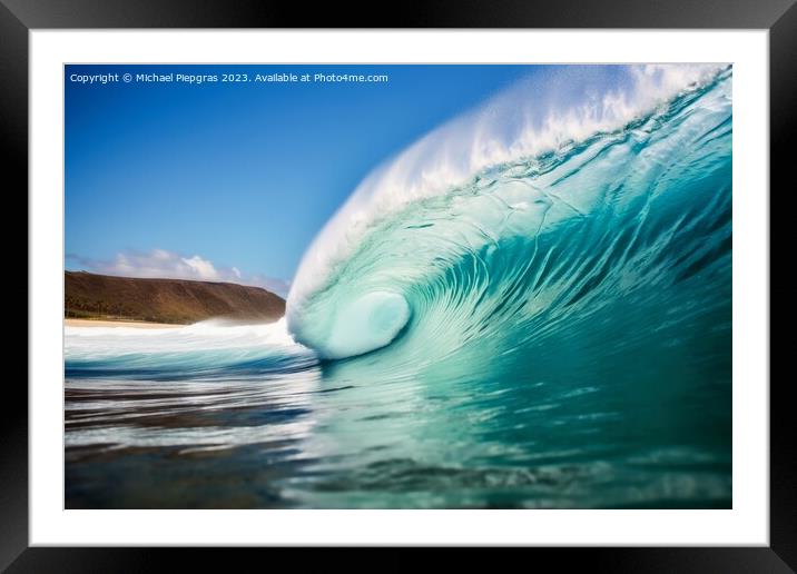 A giant tsunami wave arriving at a tropical beach created with g Framed Mounted Print by Michael Piepgras