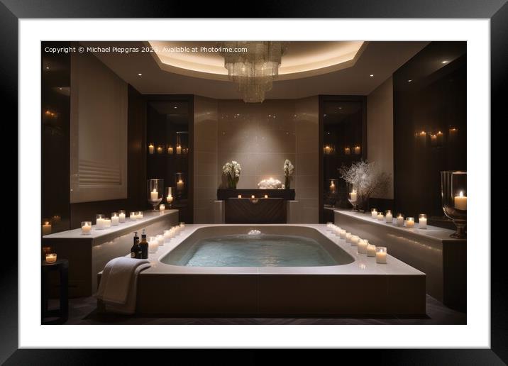 A luxury spa area with a huge bathtub and candle light created w Framed Mounted Print by Michael Piepgras
