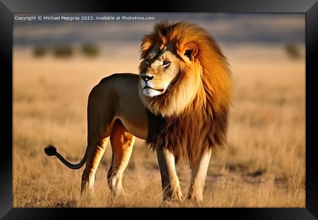 A male lion in the savannah king of animals created with generat Framed Print by Michael Piepgras