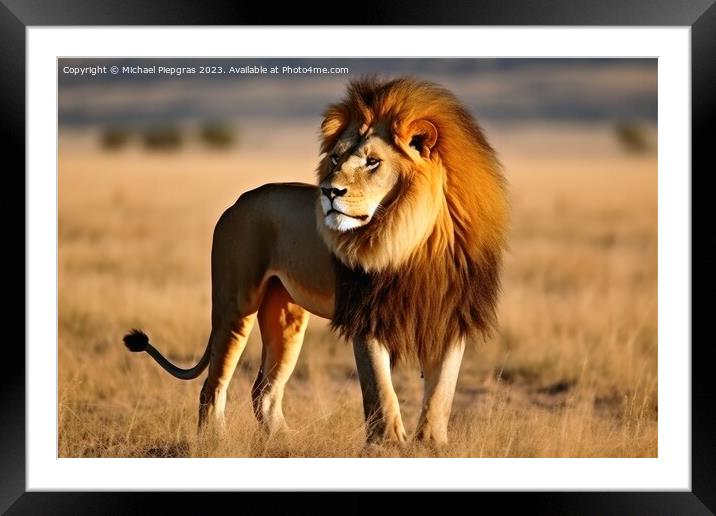 A male lion in the savannah king of animals created with generat Framed Mounted Print by Michael Piepgras