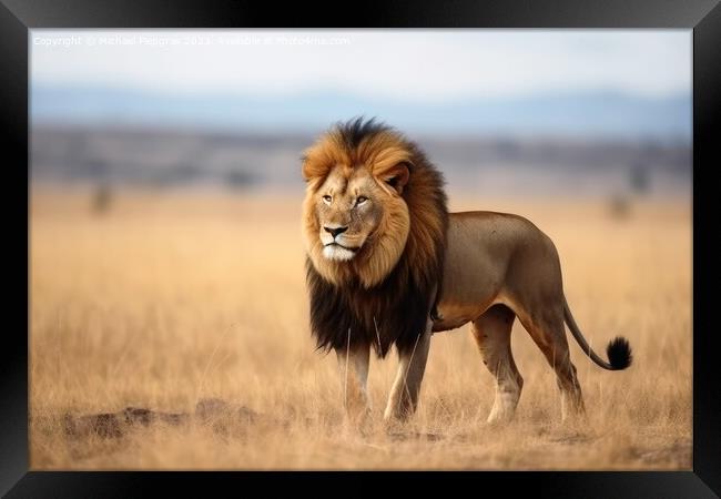 A male lion in the savannah king of animals created with generat Framed Print by Michael Piepgras