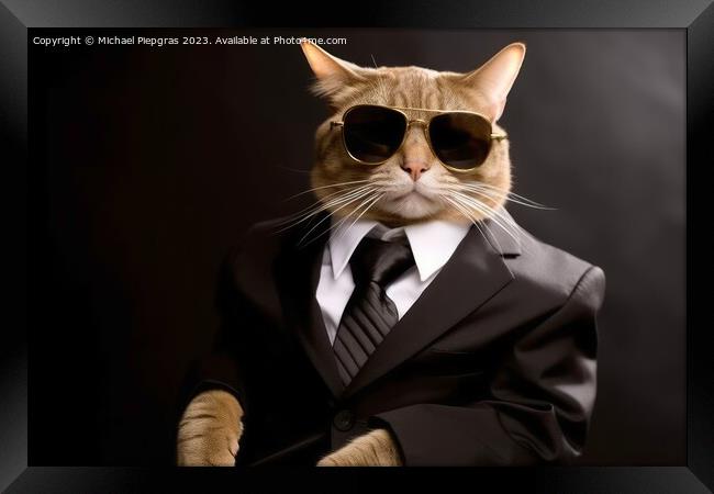 A modern cat wearing a business suit and sunglasses created with Framed Print by Michael Piepgras