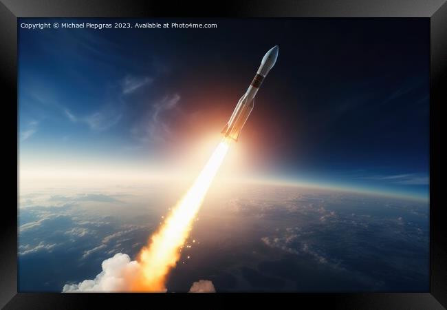 A modern rocket launching from earth created with generative AI  Framed Print by Michael Piepgras