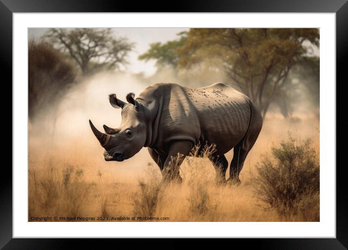 A rhino in the african savannah created with generative AI techn Framed Mounted Print by Michael Piepgras