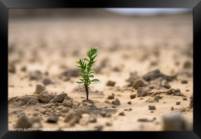 A single green plant shoot in a completely dry environment creat Framed Print by Michael Piepgras