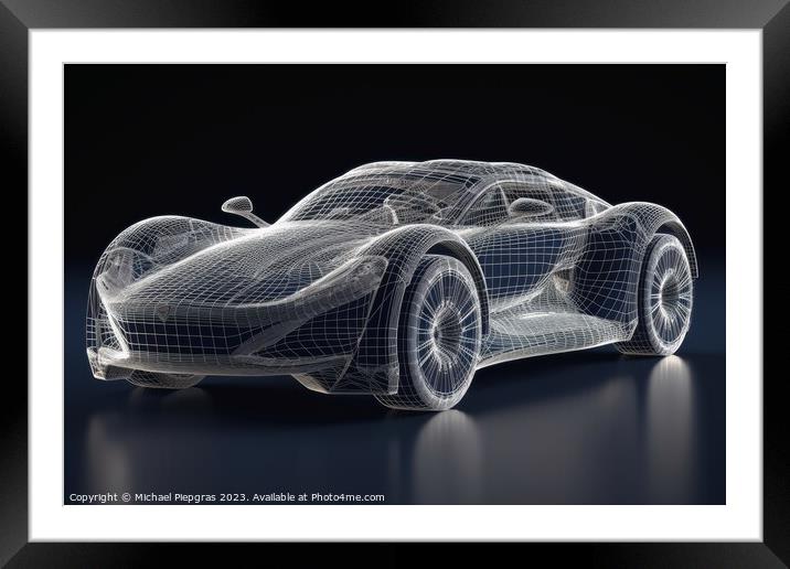A sports car that transitions into a wireframe model created wit Framed Mounted Print by Michael Piepgras