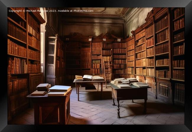 A very old library with many old books created with generative A Framed Print by Michael Piepgras