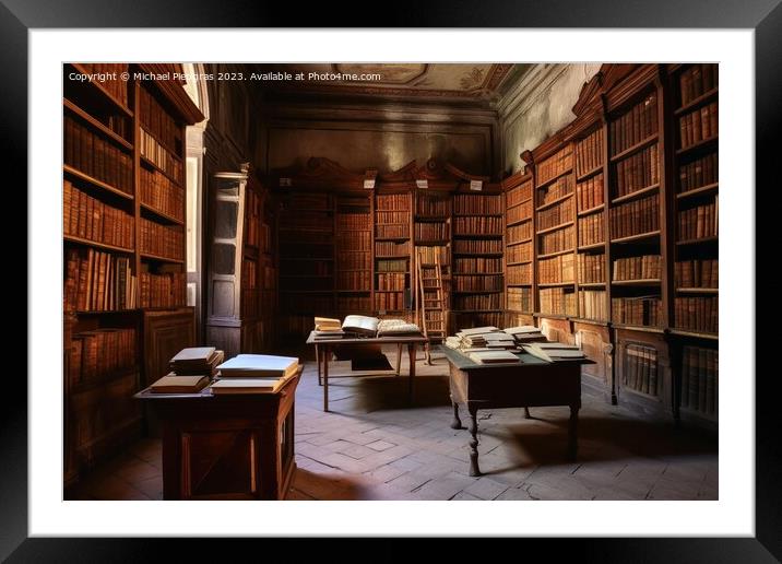 A very old library with many old books created with generative A Framed Mounted Print by Michael Piepgras