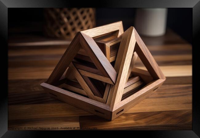 An impossible geometric puzzle made of wood create by generative Framed Print by Michael Piepgras