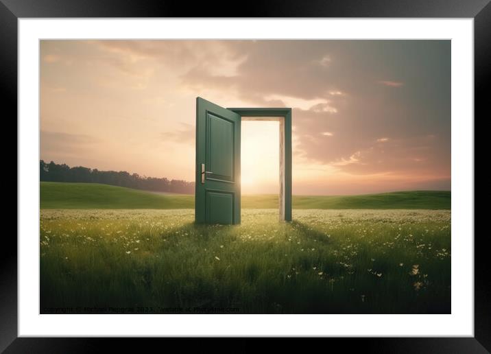 An open door stands in a green landscape created with generative Framed Mounted Print by Michael Piepgras