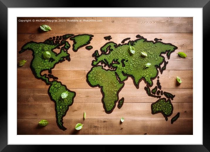 Green worldmap stopping climate change created with generative A Framed Mounted Print by Michael Piepgras