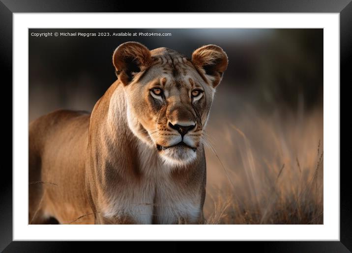 A beautiful lioness portrait created with generative AI technolo Framed Mounted Print by Michael Piepgras