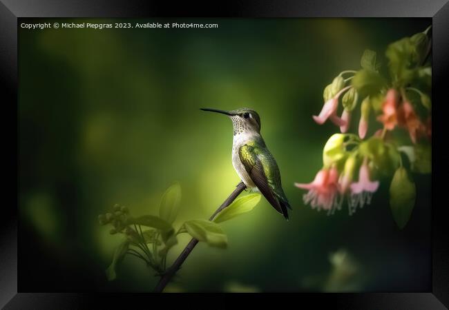 Portrait of a Green Hummingbird on a Flower created with generat Framed Print by Michael Piepgras