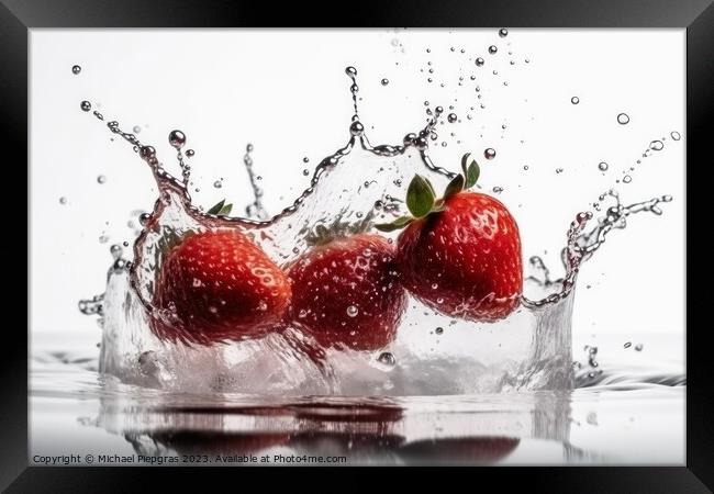 Strawberries falling into water with splashes on a white backgro Framed Print by Michael Piepgras