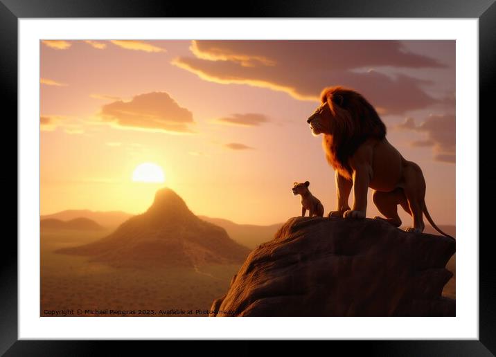 The Lion King sunset view created with generative AI technology. Framed Mounted Print by Michael Piepgras