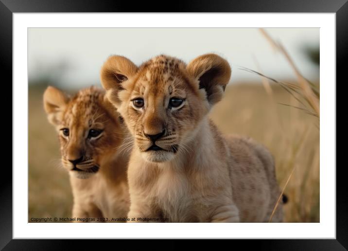 Two cute lion cubs playing in the flat grass of the savannah cre Framed Mounted Print by Michael Piepgras
