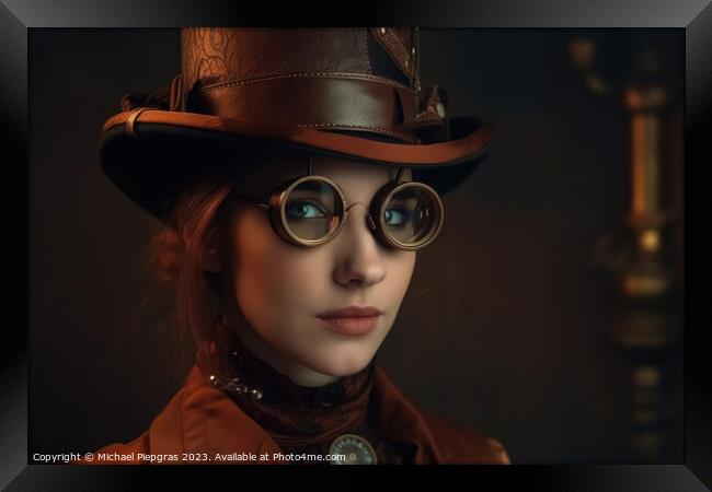 A beautiful portrait of a young woman in a steampunk outfit crea Framed Print by Michael Piepgras