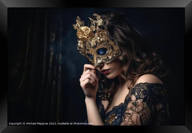 A beautiful woman in an elegant dress with a Venetian carnival m Framed Print by Michael Piepgras