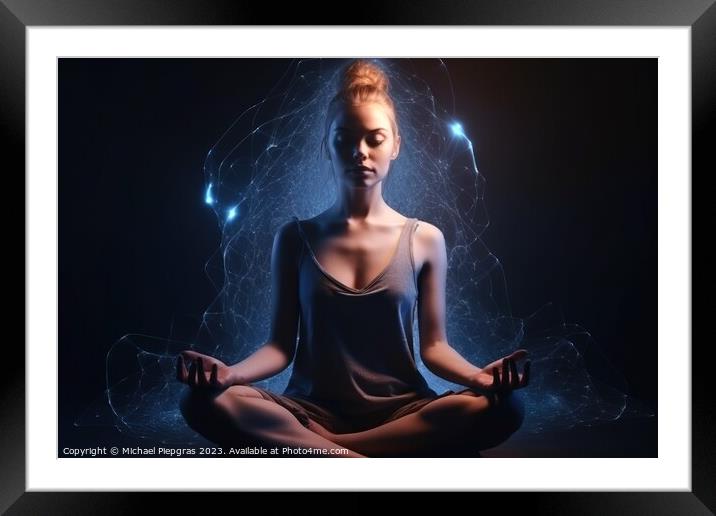 A girl in Lotus position meditating with esoteric energy created Framed Mounted Print by Michael Piepgras