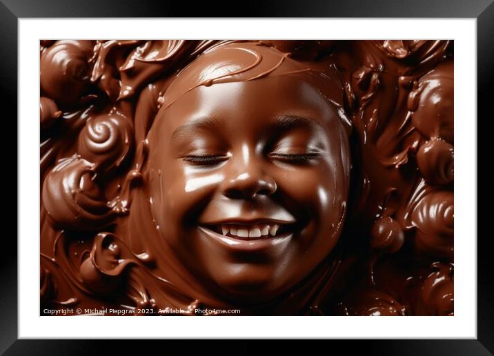 A happy childs face made of chocolate created with generative AI Framed Mounted Print by Michael Piepgras