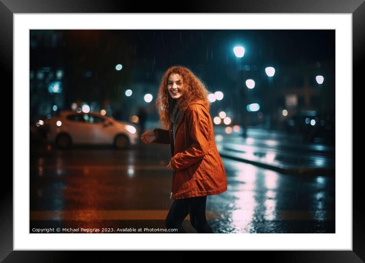 A happy woman runs around dancing at night in a modern city crea Framed Mounted Print by Michael Piepgras