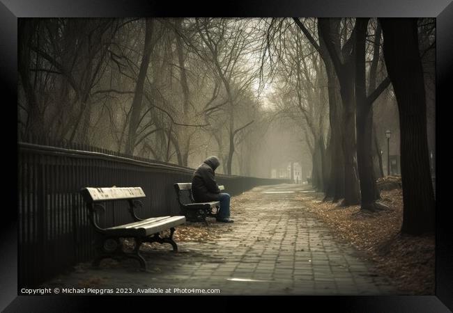 A lonely and sad person sitting on a bench created with generati Framed Print by Michael Piepgras