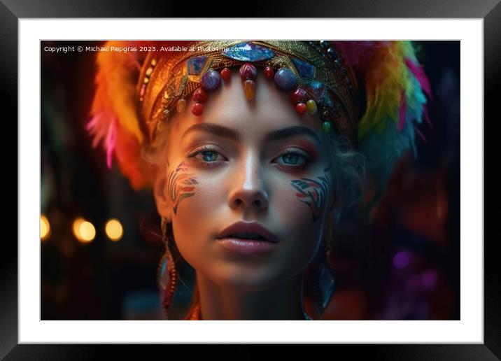 Portrait of a woman with a very colorful made up face created wi Framed Mounted Print by Michael Piepgras