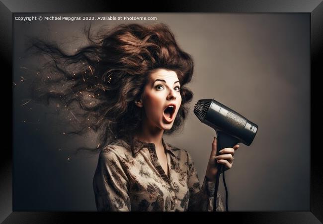 A woman with a very wild hairstyle looks amazed at an exploded h Framed Print by Michael Piepgras