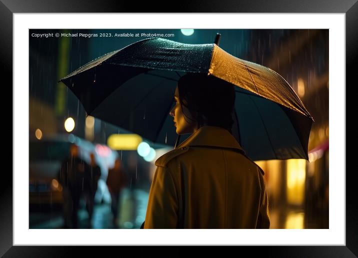 A young woman with an umbrella seen from behind walks in a moder Framed Mounted Print by Michael Piepgras