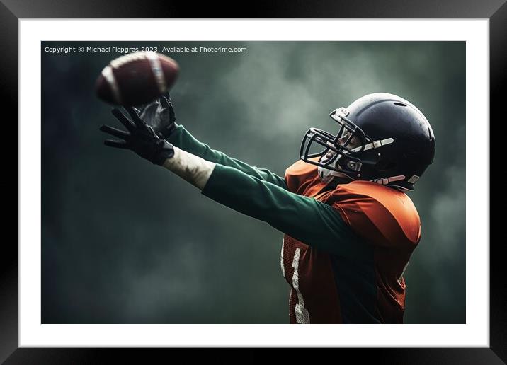 American football in flight being catched by a player created wi Framed Mounted Print by Michael Piepgras